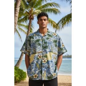 Royal Creations Blue Hawaiian Shirt Surf Palm Tree Island Print Men’s Size XXL